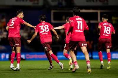 020926 - Queens Park Rangers v Cardiff City - Sky Bet Championship - Perry Ng of Cardiff City celebrates with his teammates after scoring their sides first goal