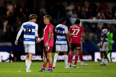 020926 - Queens Park Rangers v Cardiff City - Sky Bet Championship - Dennis Cirkin of Queens Park Rangers greets Isaak Davies of Cardiff City after the final whistle