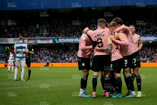 050322 - Queens Park Rangers v Cardiff City - Sky Bet Championship - Cardiff players celebrate after scoring