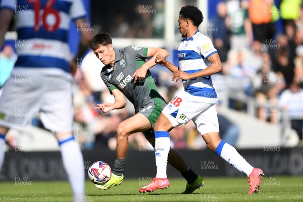 050425 - Queens Park Rangers v Cardiff City - Sky Bet Championship - Rubin Colwill of Cardiff City is challenged by Alfie Lloyd of Queens Park Rangers