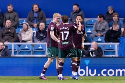 210426 - Queens Park Rangers v Swansea City - Sky Bet Championship - Ronald of Swansea City celebrates with his teammates after scoring his sides first goal