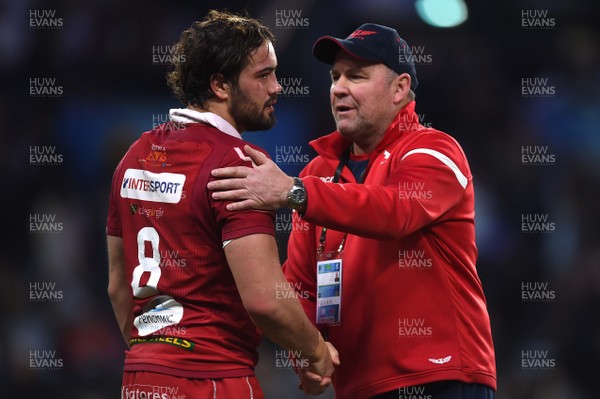 190119 - Racing 92 v Scarlets - European Rugby Heineken Champions Cup -  Joshua Macleod of Scarlets and head coach Wayne Pivac at the end of the game