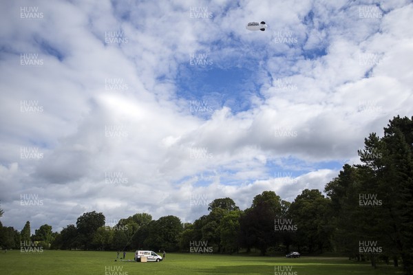 280720 - Picture shows Radio 1's blimp, which says 'Up yours Corona' on the side as it flies above Bute Park looking over Cardiff