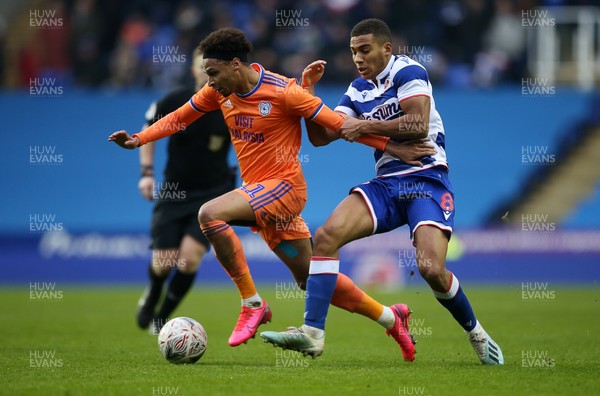 250120 - Reading FC v Cardiff City, The Emirates FA Cup, Fourth Round - Josh Murphy of Cardiff City is challenged by Andy Rinomhota of Reading