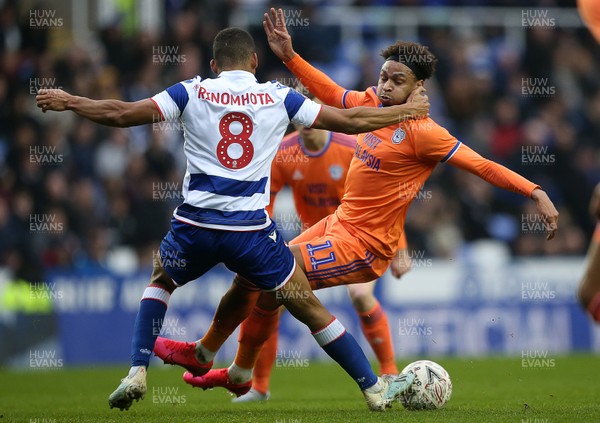 250120 - Reading FC v Cardiff City, The Emirates FA Cup, Fourth Round - Josh Murphy of Cardiff City is tackled by Andy Rinomhota of Reading