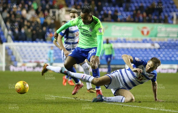 111217 - Reading v Cardiff City - SkyBet Championship - Loic Damour of Cardiff City is tackled by David Edwards of Reading