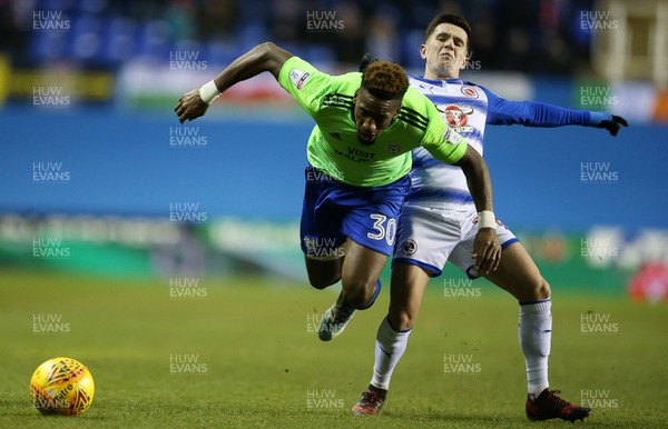 111217 - Reading v Cardiff City - SkyBet Championship - Omar Bogle of Cardiff City is tackled by Liam Kelly of Reading