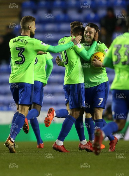 111217 - Reading v Cardiff City - SkyBet Championship - Lee Tomlin of Cardiff City celebrates with team mates after scoring a goal to make it 2-2
