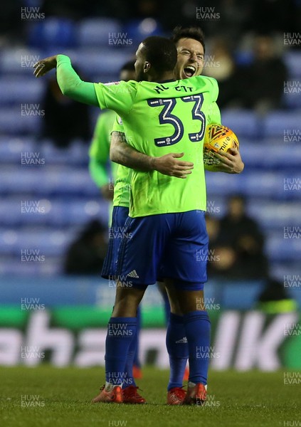 111217 - Reading v Cardiff City - SkyBet Championship - Lee Tomlin of Cardiff City celebrates with Junior Hoilett after scoring a goal to make it 2-2