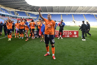 180426 - Reading v Cardiff City - Sky Bet League 1 - Yousef Salech of Cardiff City celebrates at full time after securing promotion back to the Championship