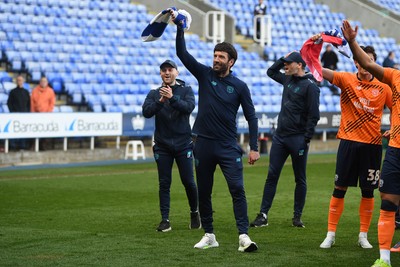 180426 - Reading v Cardiff City - Sky Bet League 1 - Brian Barry-Murphy, Cardiff City Manager celebrates at full time after securing promotion back to the Championship