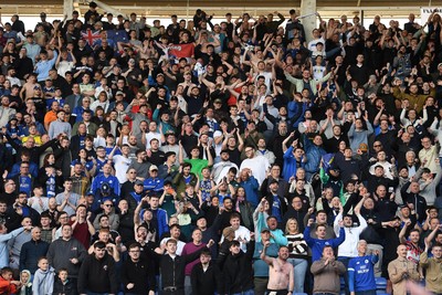 180426 - Reading v Cardiff City - Sky Bet League 1 - Cardiff fans celebrate at full time after securing promotion back to the Championship