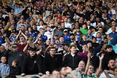 180426 - Reading v Cardiff City - Sky Bet League 1 - Cardiff fans celebrate at full time after securing promotion back to the Championship