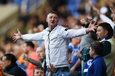 180426 - Reading v Cardiff City - Sky Bet League 1 - Cardiff fans celebrate at full time after securing promotion back to the Championship