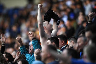 180426 - Reading v Cardiff City - Sky Bet League 1 - Cardiff fans celebrate at full time after securing promotion back to the Championship