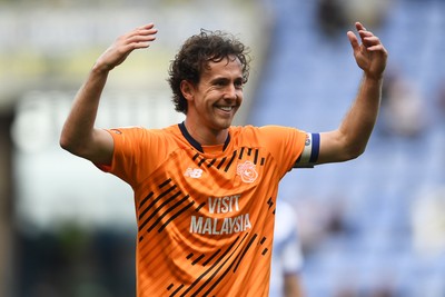 180426 - Reading v Cardiff City - Sky Bet League 1 - Ryan Wintle of Cardiff City celebrates at full time after securing promotion back to the Championship