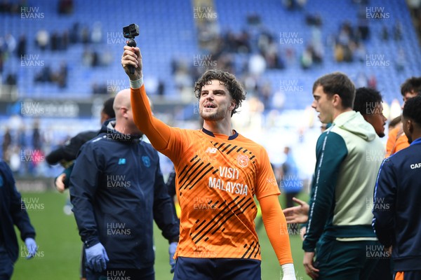 180426 - Reading v Cardiff City - Sky Bet League 1 - Ollie Tanner of Cardiff City celebrates at full time after securing promotion back to the Championship
