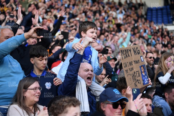 180426 - Reading v Cardiff City - Sky Bet League 1 - Cardiff fans celebrate at full time after securing promotion back to the Championship