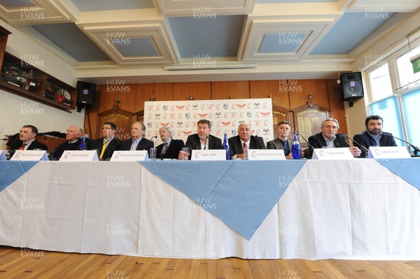 040413 - Regional Rugby Wales Press Conference -(L-R)Chris Brown and Martyn Hazell of Newport-Gwent Dragons, Richard Holland and Peter Thomas of Cardiff Blues, Stephen Harrison, Nigel Short of Scarlets, Stuart Gallacher of Regional Rugby Wales, Mark Davies of Scarlets, Roger Blyth and Andrew Hore of Ospreys talk to reporters 