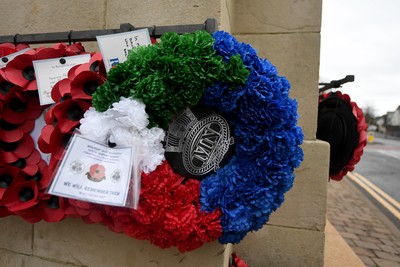 111125 - Remembrance Day - Tributes and wreaths left at the Newport Cenotaph after the a Remembrance memorial service on Sunday