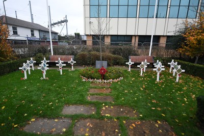 111125 - Remembrance Day - Tributes and wreaths left at the Newport Cenotaph after the a Remembrance memorial service on Sunday