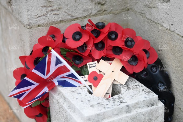 111125 - Remembrance Day - Tributes and wreaths left at the Newport Cenotaph after the a Remembrance memorial service on Sunday