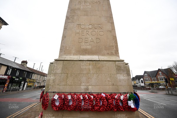 111125 - Remembrance Day - Tributes and wreaths left at the Newport Cenotaph after the a Remembrance memorial service on Sunday