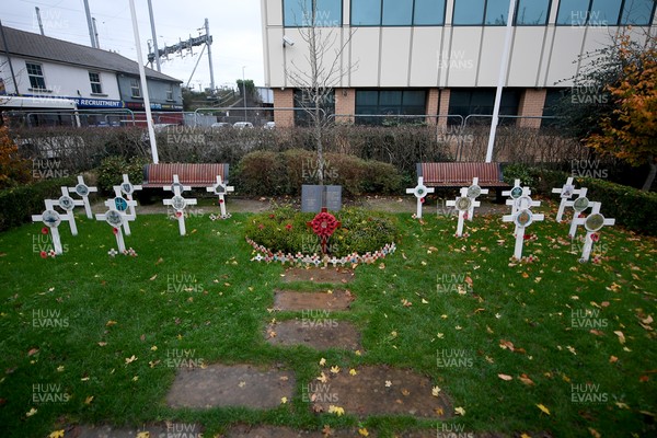 111125 - Remembrance Day - Tributes and wreaths left at the Newport Cenotaph after the a Remembrance memorial service on Sunday