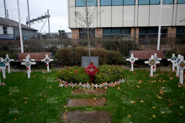 111125 - Remembrance Day - Tributes and wreaths left at the Newport Cenotaph after the a Remembrance memorial service on Sunday