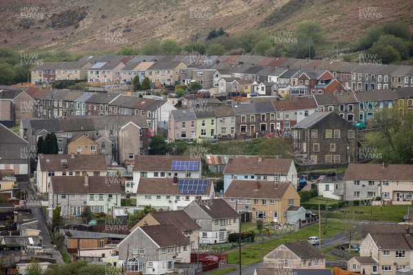 220422 - Picture shows an elevated view of rows of terraced homes in Gilfach Goch, South Wales As house prices in Wales are growing at the fastest rate in the UK despite experts warning of a possible slow down in the property market