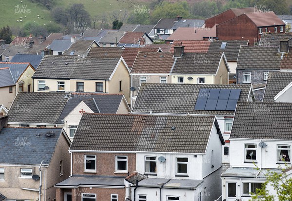 220422 - Picture shows an elevated view of rows of terraced homes in Gilfach Goch, South Wales As house prices in Wales are growing at the fastest rate in the UK despite experts warning of a possible slow down in the property market