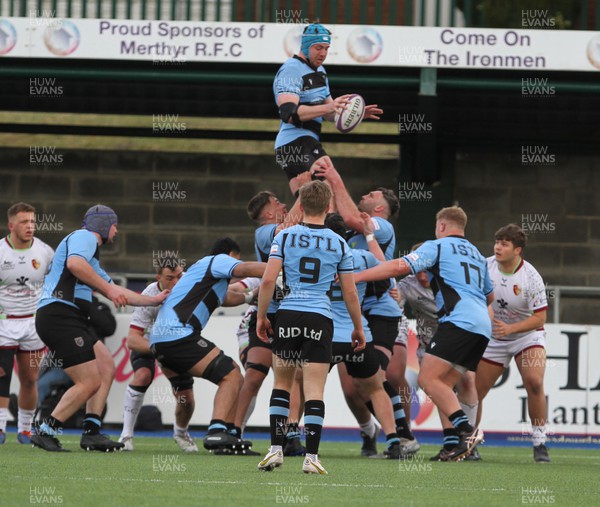 250323 - RGC v Cardiff - WRU Premiership Cup - Sean Moore of Cardiff RFC goes up for the ball in the line out
