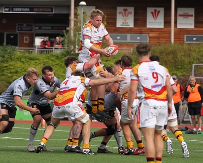 190926 - RGC v Carmarthen Quins - Super Rygbi Cymru (SRC) - Ryan Bean of Carmarthen Quins goes up for the ball in the line out