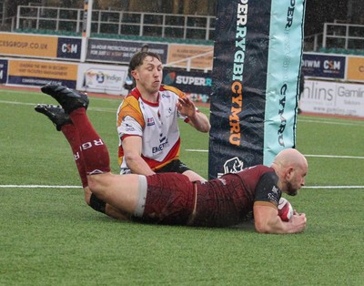 210226 - RGC v  Carmarthen Quins - Super Rygbi Cymru  Cup (SRC) - Delwyn Jones of RGC gets the try