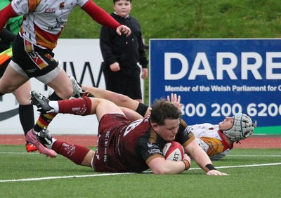 210226 - RGC v  Carmarthen Quins - Super Rygbi Cymru  Cup (SRC) - Osian Burke of RGC gets the try