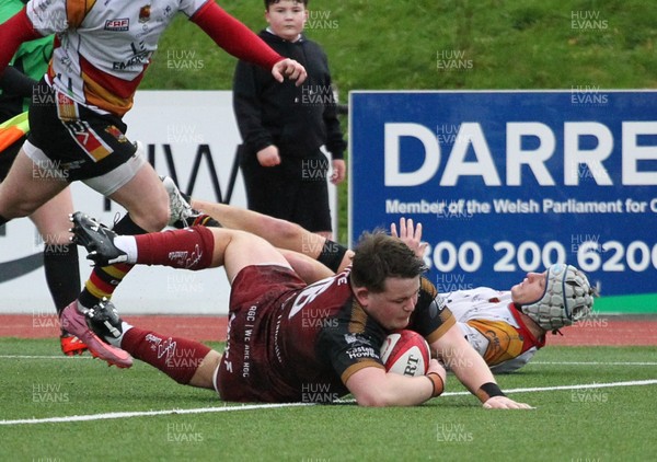 210226 - RGC v  Carmarthen Quins - Super Rygbi Cymru  Cup (SRC) - Osian Burke of RGC gets the try