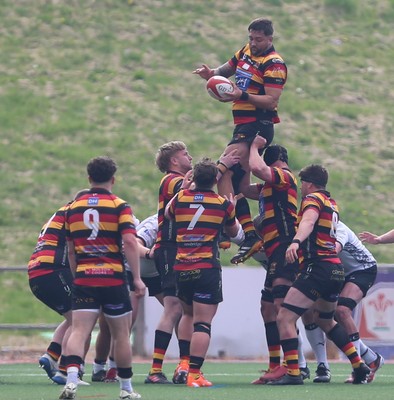 260425 - RGC v Carmarthen Quins - Super Rygbi Cymru (SRC) Playoffs - Lee Taylor of Carmarthen Quins goes up for the ball in the line out