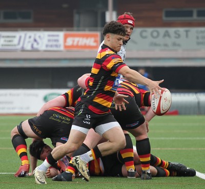 260425 - RGC v Carmarthen Quins - Super Rygbi Cymru (SRC) Playoffs - Luca Setaro of Carmarthen Quins kicks the ball from the ruck