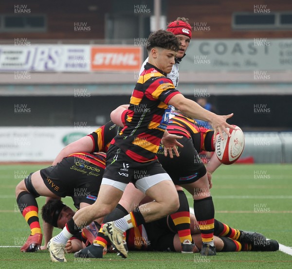 260425 - RGC v Carmarthen Quins - Super Rygbi Cymru (SRC) Playoffs - Luca Setaro of Carmarthen Quins kicks the ball from the ruck