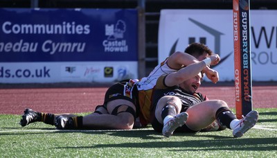 280326 - RGC v Carmarthen Quins - Super Rygbi Cymru (SRC) - Billy McBride of RGC celebrates the try