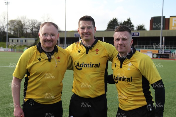 280326 - RGC v Carmarthen Quins - Super Rygbi Cymru (SRC) - Match officials Elgan Williams, Marcus Caudle and Matthew Turvey