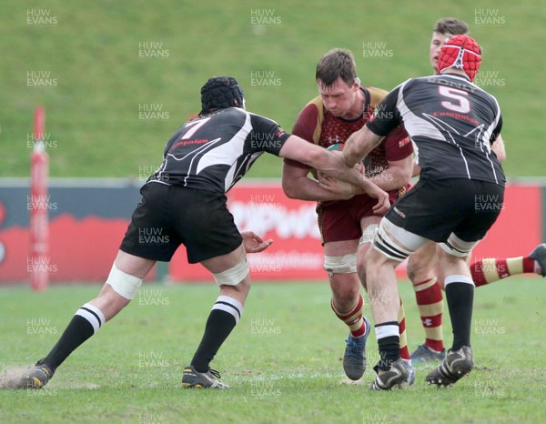 140418 - RGC1404 v Bedwas - Principality Premiership -   Andrew Wiliams of RGC is tackled by James Richards and Gareth Allen of Bedwas