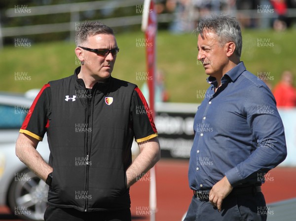050518 - RGC1404 v Merthyr - Principality Premiership -  Sion Jones, General Manager of RGC1404, and Director of rugby of Merthyr, Nigel Davies, chat before the game 