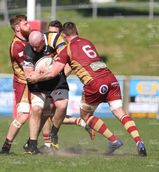 050518 - RGC1404 v Merthyr - Principality Premiership -  Phil Rees of Merthyr RFC is tackled by Andrew Williams and Tim Grey of RGC1404 