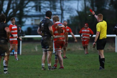 060124 - Rhiwbina v Ynysybwl - Admiral National League 1 East Central - Carwyn James of Ynysybwl receives a red card from referee Anthony Price 