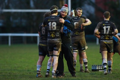 060124 - Rhiwbina v Ynysybwl - Admiral National League 1 East Central - Coaching staff and players of Rhiwbina celebrate at the end of the game