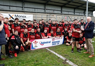 260425 - Rhymney RFC League Trophy Presentation - Admiral National League 3 East - Colin Wilks of the WRU presents the trophy to Club Captain Tyler Evans