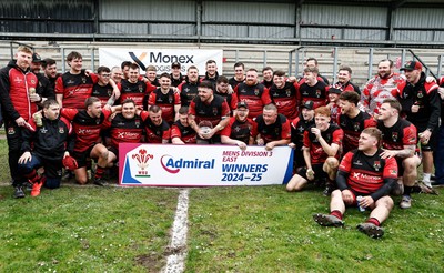 260425 - Rhymney RFC League Trophy Presentation - Admiral National League 3 East - Club Captain Tyler Evans and his team celebrate winning the league