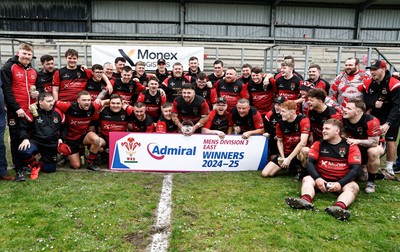 260425 - Rhymney RFC League Trophy Presentation - Admiral National League 3 East - Club Captain Tyler Evans and his team celebrate winning the league