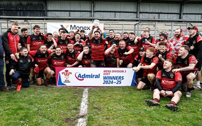 260425 - Rhymney RFC League Trophy Presentation - Admiral National League 3 East - Club Captain Tyler Evans and his team celebrate winning the league